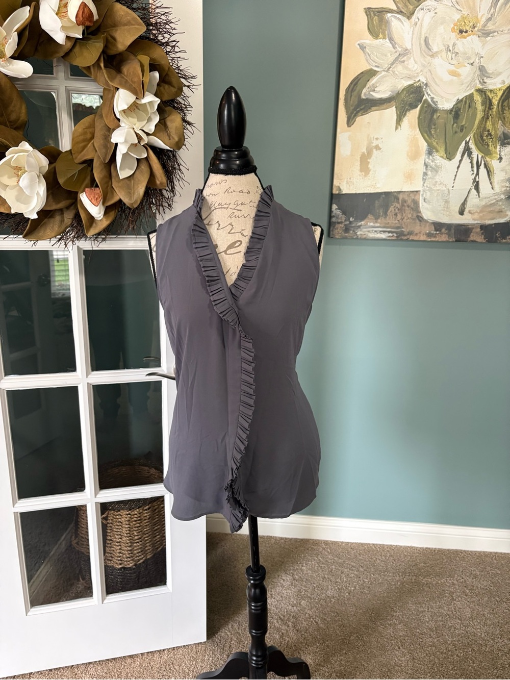 Ann Taylor Charcoal Ruffled V-Neck Sleeveless Camisole